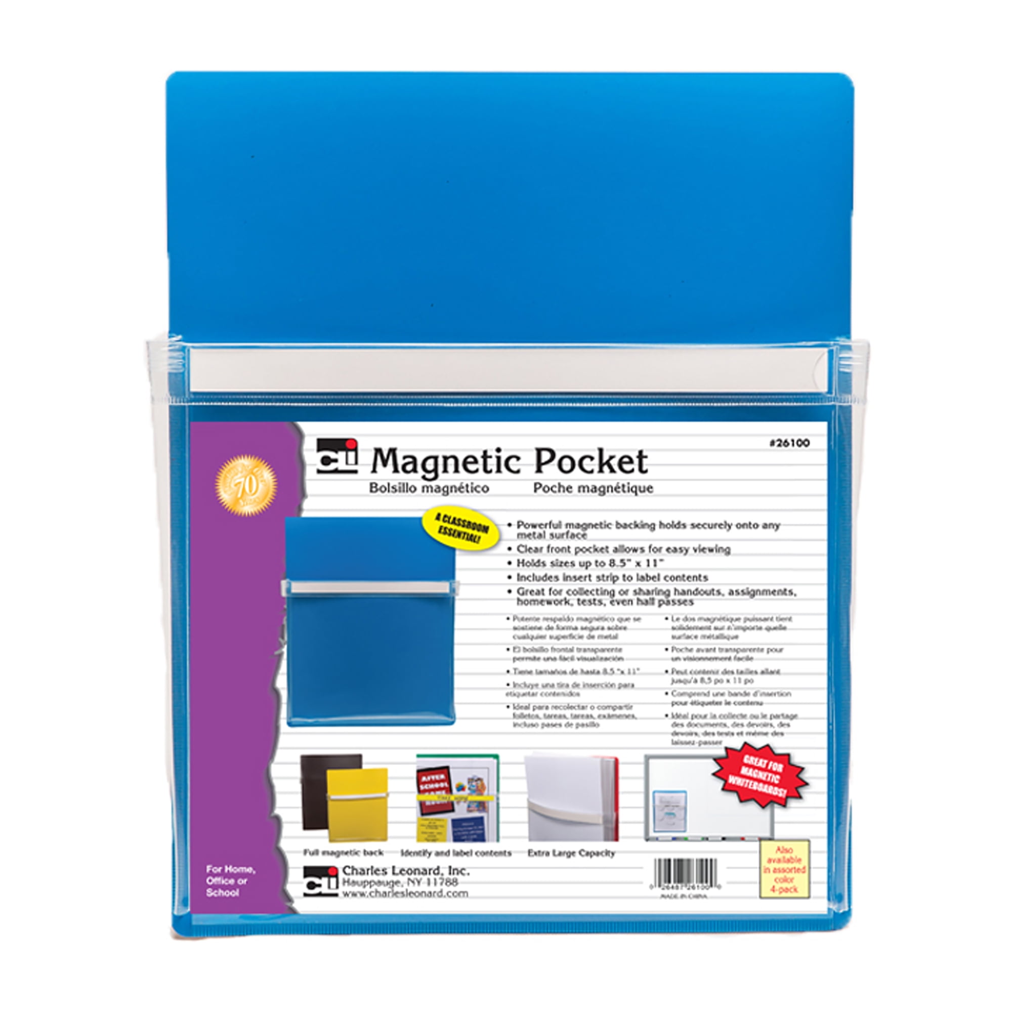 Charles Leonard Magnetic Pocket, 9.5 Inch x 11.75 Inch, Blue, 3 Count