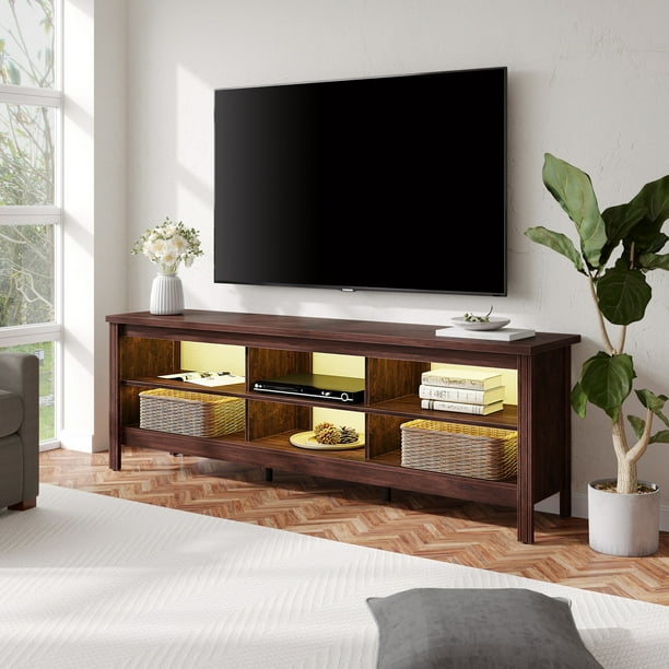 Classic TV Stand for 80 inch TV with LED Lights, Wood TV Console for 75 inch TV Media