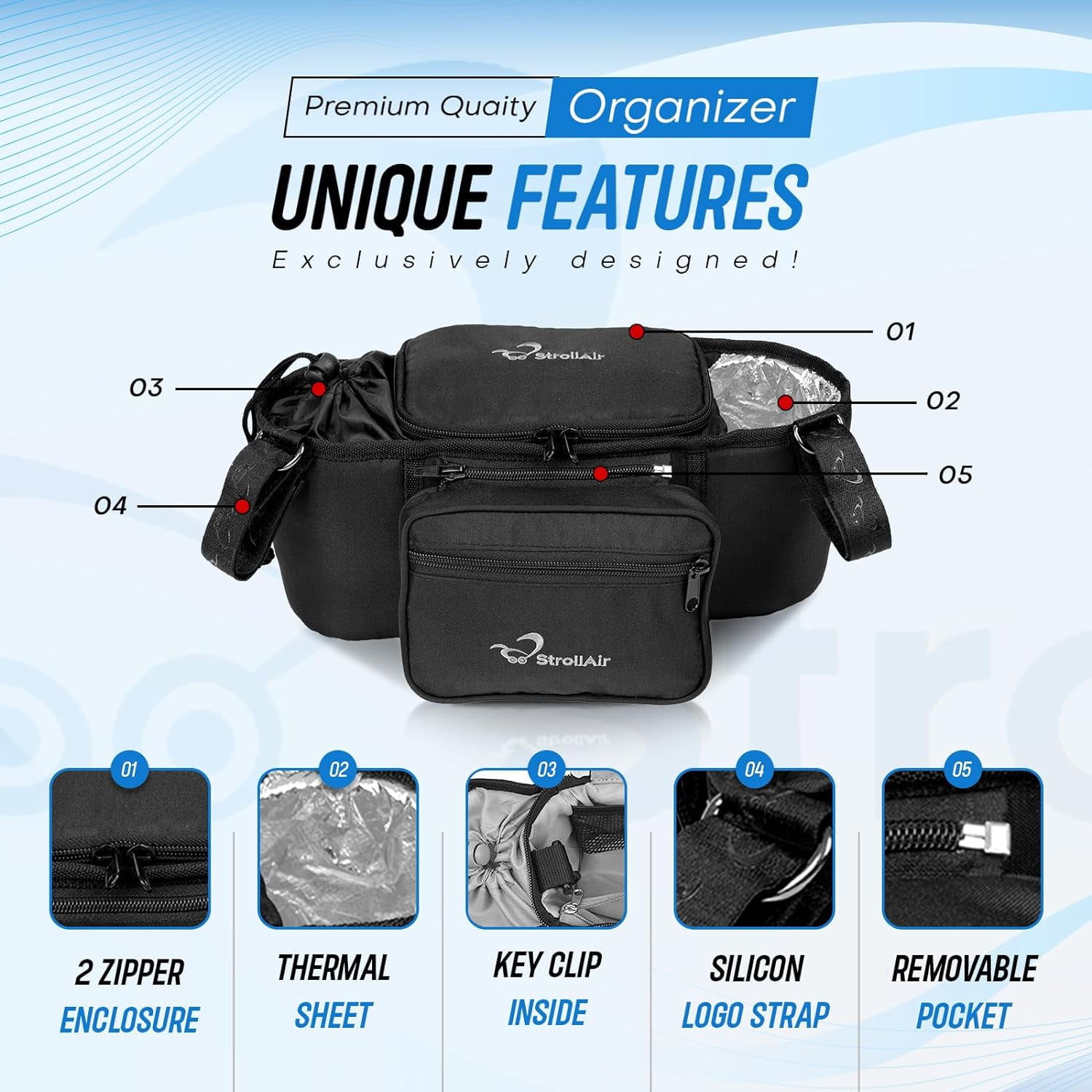 StrollAir - Universal Organizer for Single Strollers - Compatible with CosmoS, SOLO, Nuna, Baby Jogger, Bumbleride, Uppababy, Bugaboo - Black (Black)