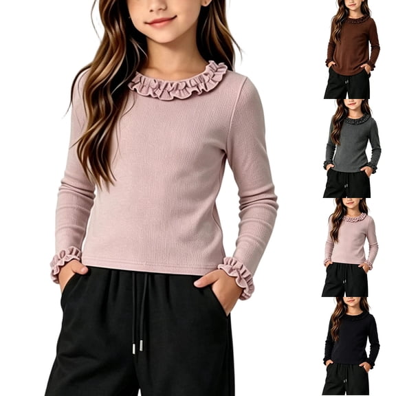 Girls Ruffle Neck Long Sleeve Shirts, Kids Soft Slim‑Fit Pullover Top, Solid Color Ruffle Cuffs Casual Blouse