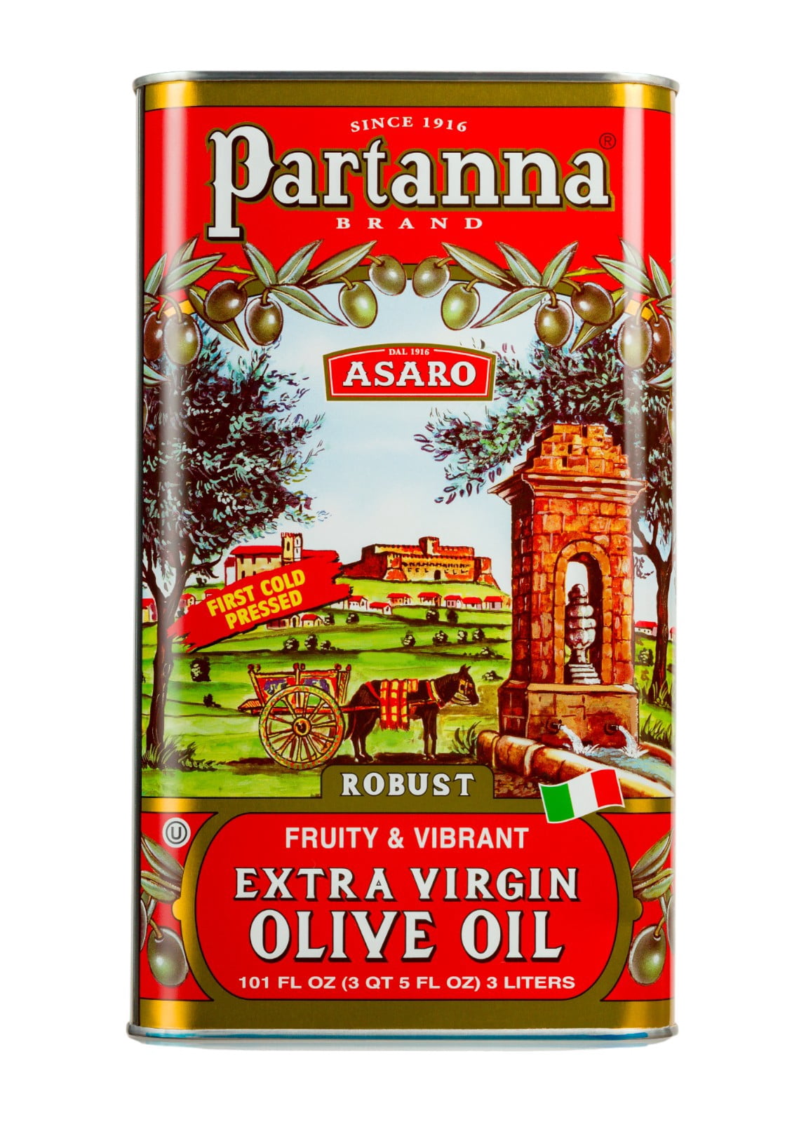 Partanna Robust Extra Virgin Olive Oil - Premium 100% Castelvetrano Oil - High Polyphenol - First Cold Pressed - Early Harvest in Sicily - Award Winning Italian EVOO -Monovarietal -101 fl oz (3L) Tin