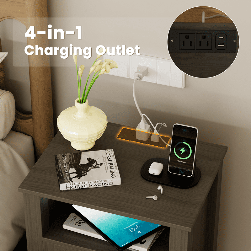 Homall Rattan Nightstand Set of 2 with 2 Drawers, Bedside Table End Table with Charging Station for Bedroom Living Room, Gray