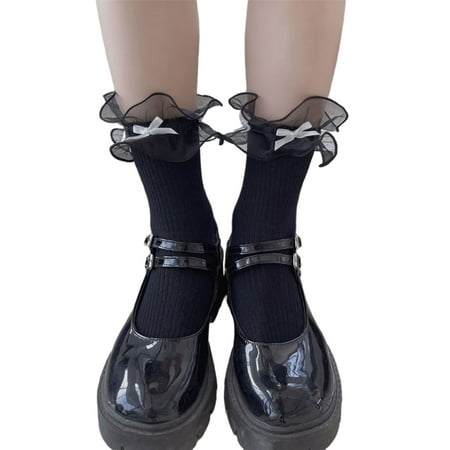 

Women Lolita Sweet Organza Tulle Ruffled Trim Crew Socks Japanese Harajuku Cute Bowknot Ribbed Cotton Solid Color Princess Short Anklet Hosiery