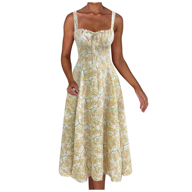 TJAZFJPA Robe d'Été pour Femmes Vacances à la Plage Robe Midi Florale Corset Robe Boho Fluide Fendue à Lacets Robes pour Femmes Sortie Robe Cocktail Robe de Gala