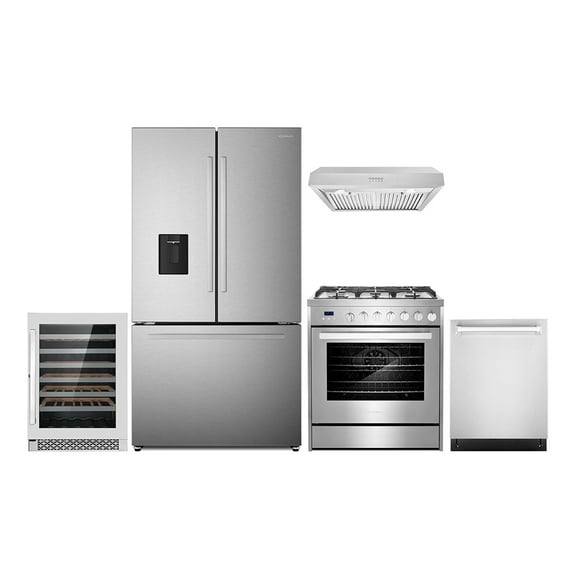 5 Piece Kitchen Package with 30" Freestanding Gas Range 30" Island Range Hood 24" Built-in Fully Integrated Dishwasher 36" French Door Refrigerator & 48 Bottle Wine Refrigerator