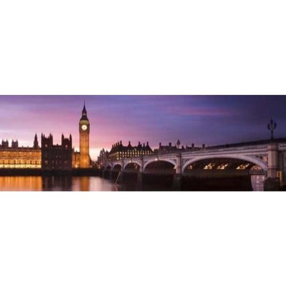 London at Night 36x12 Art Print Poster Travel English England Big Ben and Parliament along the River Thames. Purple Sunset over London