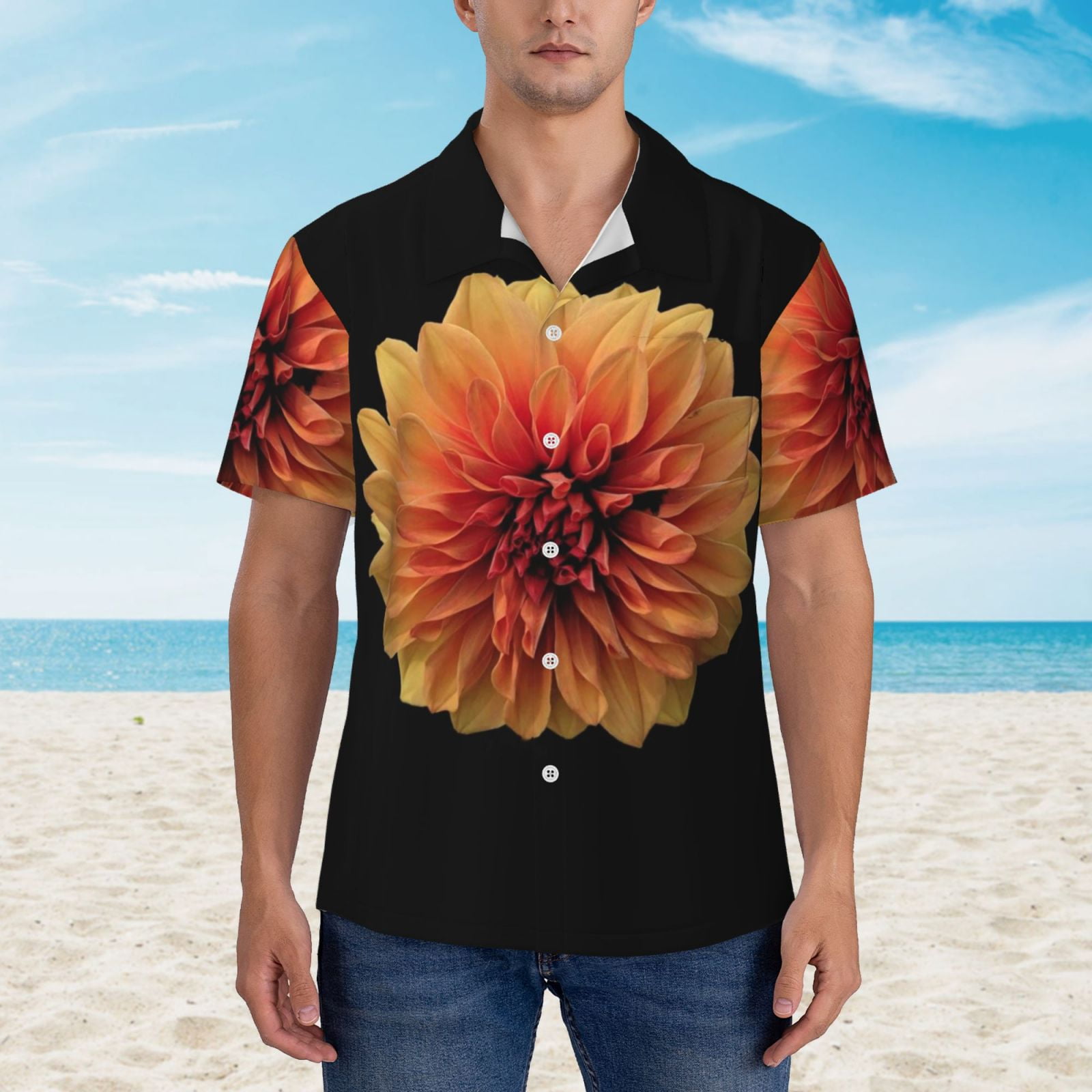 Logiee Orange Dalia Print Mens Hawaiian Shirts,Loose-Fit Short Sleeve Button Down Tropical Aloha Beach Shirt,Summer Vacation Wedding Tops,3X-Large