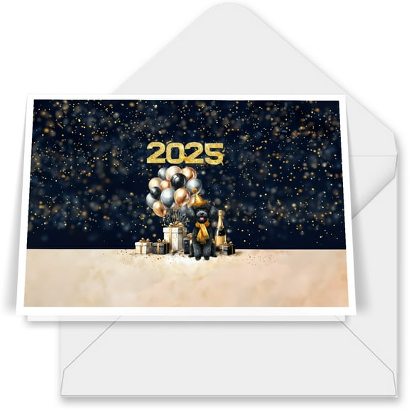 Happy New Year Poodle Welcome 2025 Balloon Firework Party 7x5in Folded Greeting Card Poodles Dog Lover Gifts Idea Single Note Card with Envelope - 01014