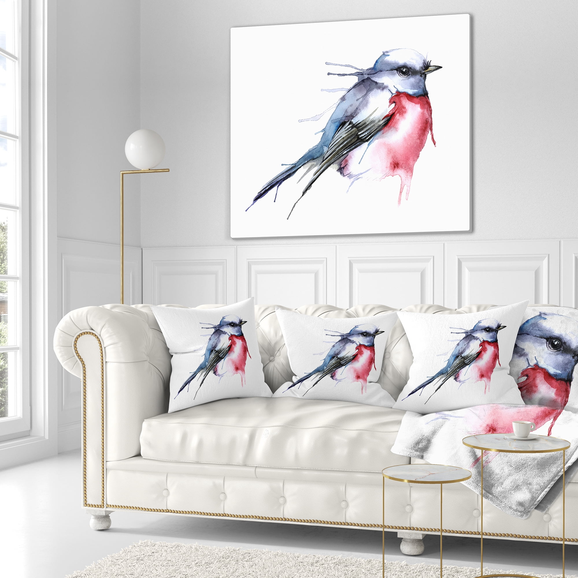 Designart Bird in Blue and Red - Watercolor Animal Throw Pillow - 18x18