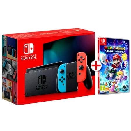 Nintendo Switch with Neon Blue and Neon Red Joy Con with Mario + Rabbids: Sparks of Hope (Physical Game) - Limited Bundle (Region Free Edition)