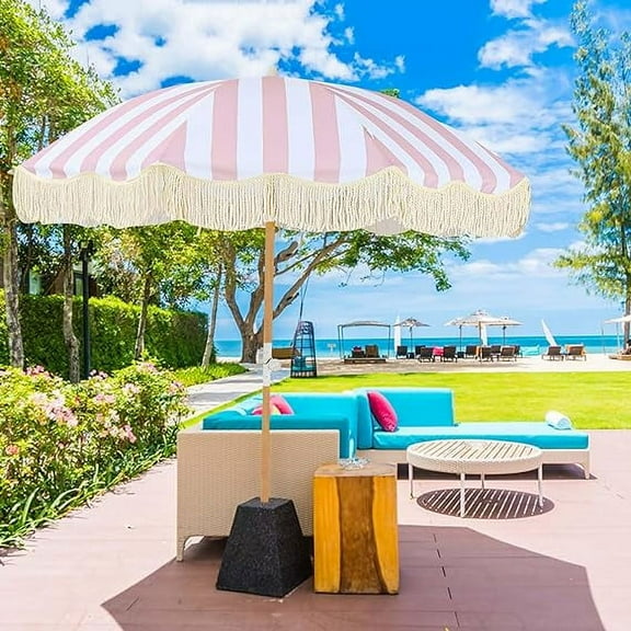 Boho 6ft Pink Stripe Round Patio Beach Umbrella, UPF 50 , Fringe, Adjustable Tilt, Waterproof