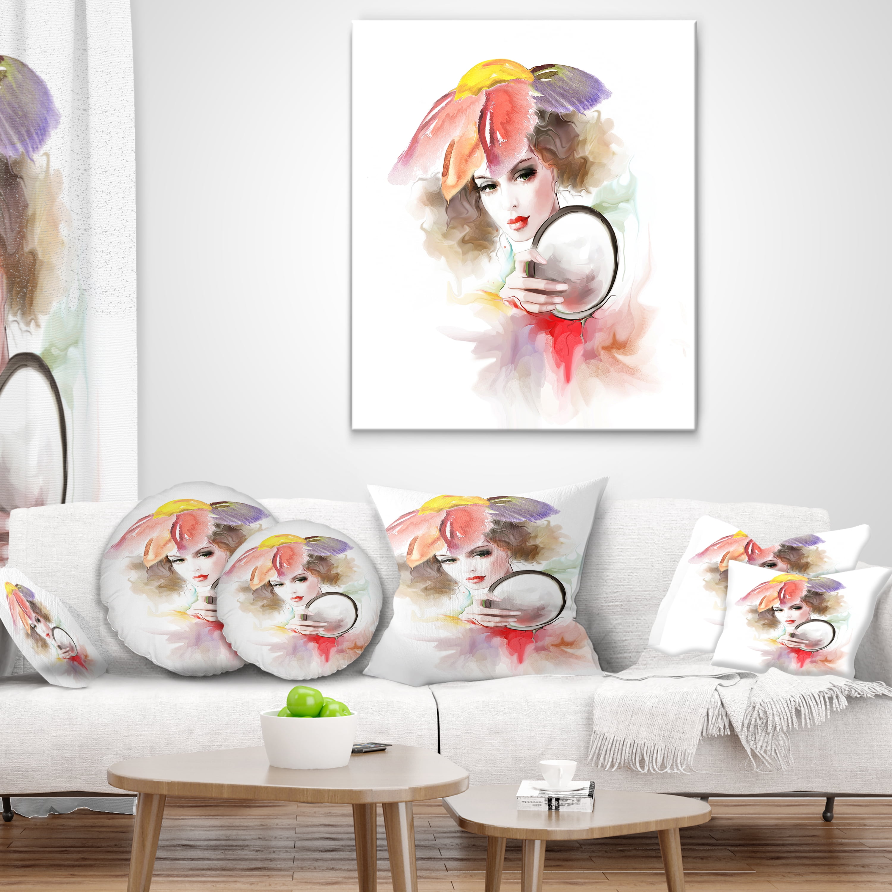 Designart Woman with Mirror - Abstract Throw Pillow - 12x20