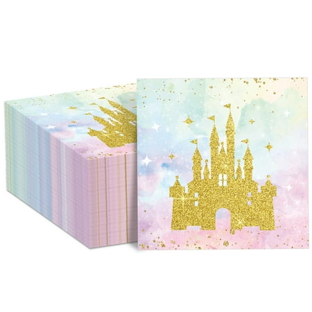 50PCS Princess Castle PriNst Birthday Party Supplies Watercolor Pastel Napkins Gold Glitter Hand Towels Napkins Tableware Set for Girls Fairytale Baby Shower Princess Castle Party Favor Decor