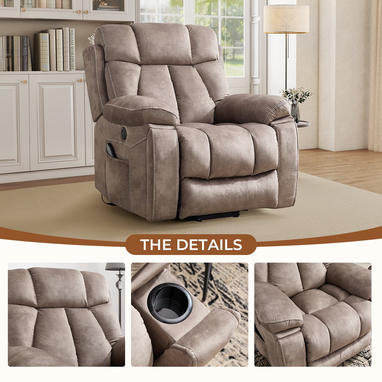 Bonzy Home Oversized Power Lift Recliner — Electric Lift Chair with Massage & Lumbar Heat, USB Port, Cup Holders & Side Pockets, Brown