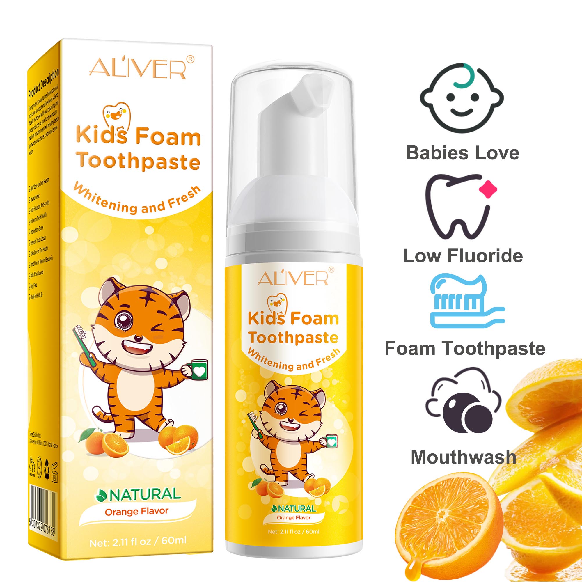 Aliver Kids Foam Toothpaste Orange Flavor, Mild Foaming Low Fluoride