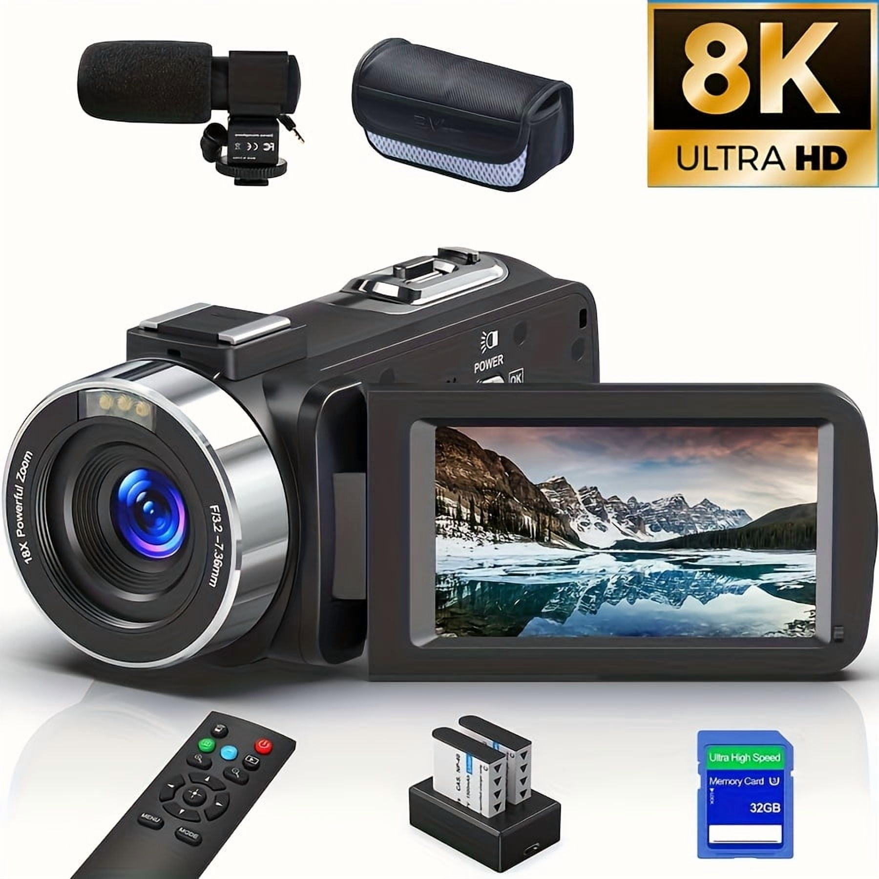 Camcorder Video Camera, 8K 64MP IR Night Vision, 18X Digital Zoom WiFi Camera, 3.0" Touch Screen, Microphone, 32G SD Card, Remote Control, 2 Batteries