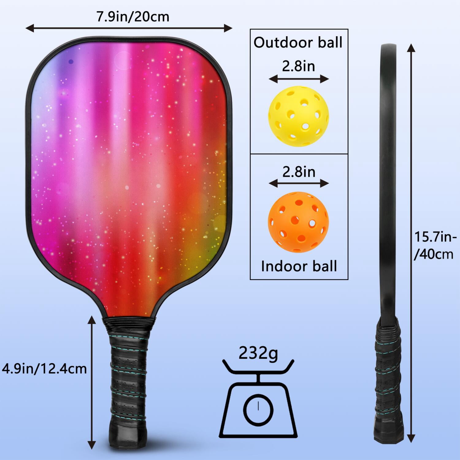 Pickleball Paddles Set Of 1, Fiberglass Surface, Vibrant Rainbow Print, 1 Paddle, 2 Balls & Bag