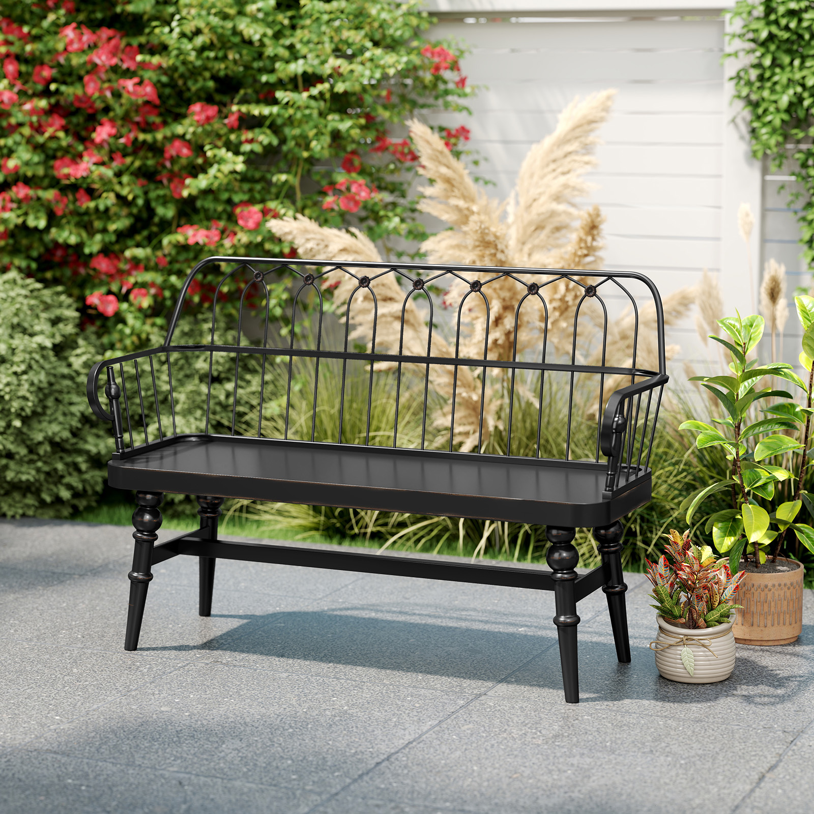 HLR Entryway Bench, Farmhouse Wood with Spindle Back, Black photo 5