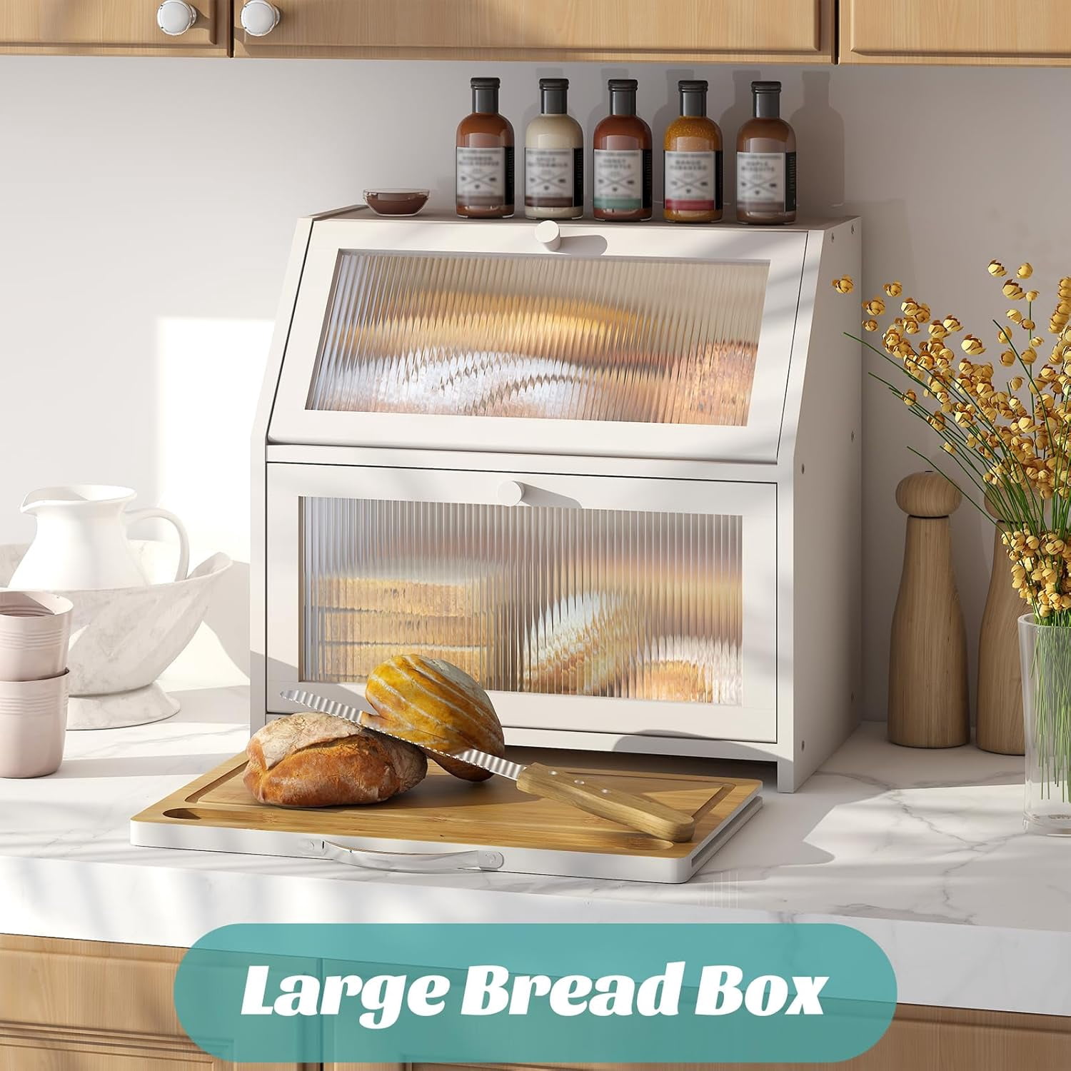 Extra Large Bread Box with Cutting Board Bamboo Wood Bread Box for Kitchen Counter, Double Layer Large Capacity Bread Storage Bin with Acrylic Wavy Door Panel