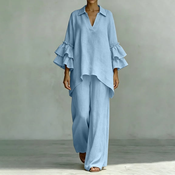 BRELIL Women Plus Size Two Piece Set V Neck Ruffle Sleeve Shirt Wide Leg Pants Casual Summer Loungewear Solid Boho Vacation Outfits Tracksuit Loose 2 Piece, Light Blue L