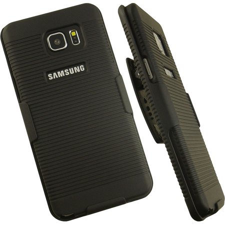 NAKEDCELLPHONE'S BLACK RIBBED RUBBERIZED HARD SHELL CASE COVER + BELT CLIP HOLSTER STAND FOR SAMSUNG GALAXY NOTE 5 PHONE