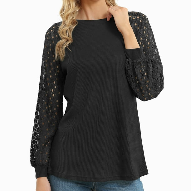 Camisa de Manga larga de encaje NikouMX blusa de cuello redondo con empalme de encaje hueco S M L XL 2XL