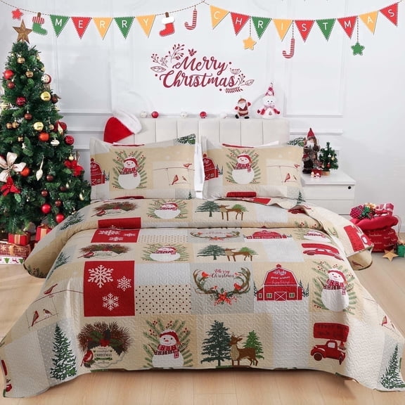 Beartech 3Pcs Christmas Quilt Set Queen Size Christmas Bedding Set Xmas Decor Gift Microfiber Quilts Cover Soft Holiday Bedding Bedspread Set with 1 Quilt & 2 Pillowshams