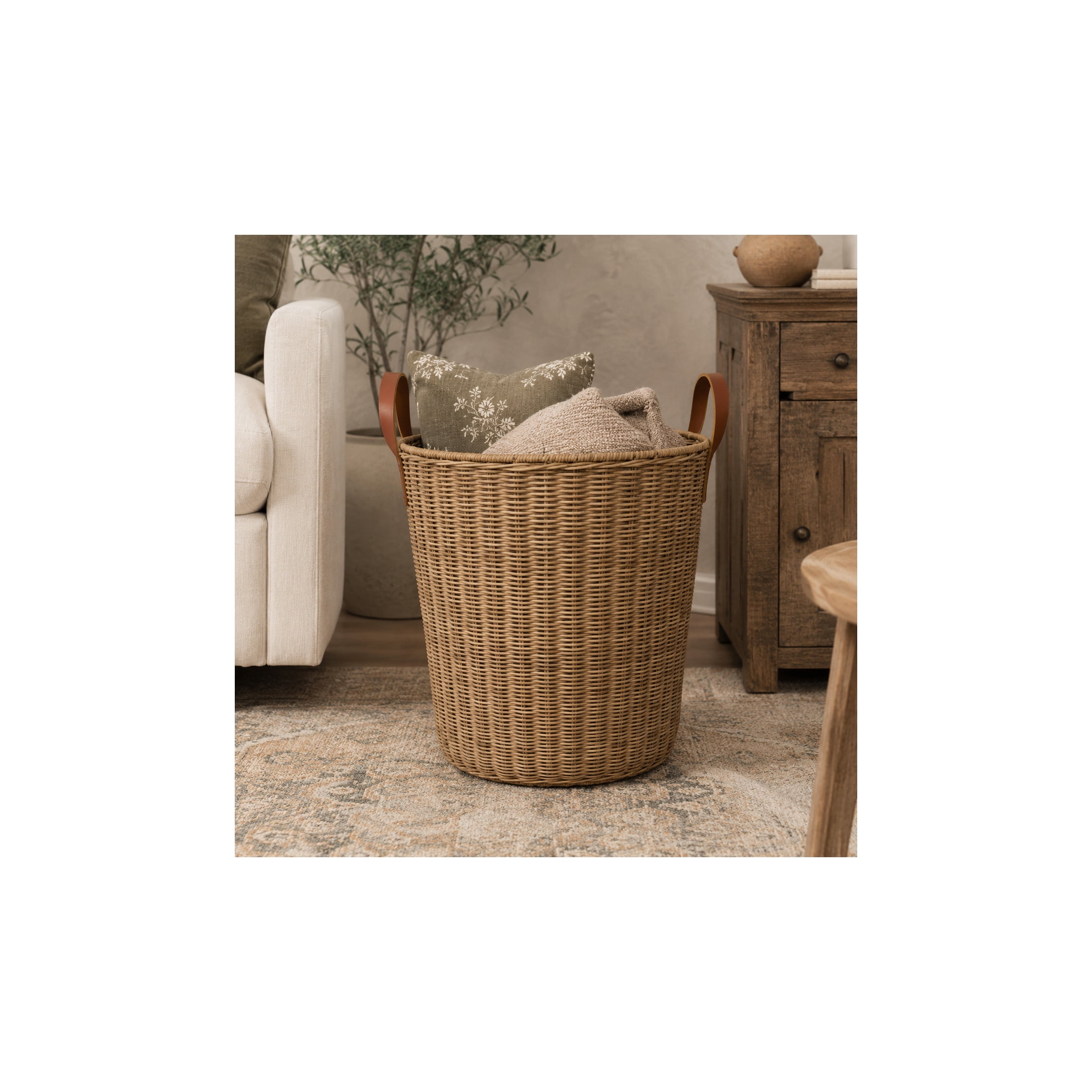 DecMode 16" x 20" Brown Rattan Handmade Woven Storage Basket with Leather Handles, 1-Piece