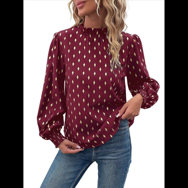 Camisa Informal Holgada de Larga con Estampado en Caliente para Mujer, Cuello Redondo Plisado Vino Tinto L