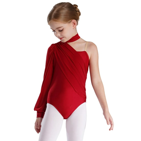 Nyeemya Kids Girls One Shoulder Long Sleeve Ballet Dance Leotard Gymnastics Bodysuit Shirt Top Burgundy 12