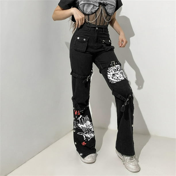 Gothic Emo Alt Cargo Pants Techwear Hippie Baggy Jeans Mom Goth Punk Black  Denim Trousers Cyber Y2k Pants Academic Dark Clothes 