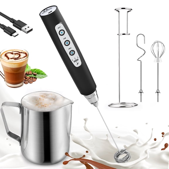 Black Handheld Milk Frother Wand with Stand & 14oz Milk Frothing Pitcher Milk Coffee Cappuccino Latte Art