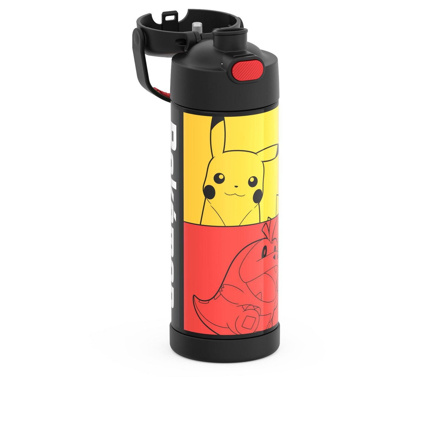 Thermos Kids Bouteille d'eau isotherme en acier inoxydable avec bec verseur et couvercle, 470 ml, Pokémon Bouteille, Noir