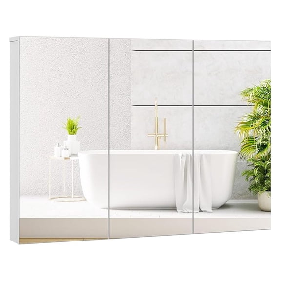 Mirrored Medicine Cabinet, Large Wide Wall Mounted Storage Cabinet with 3 Mirror Doors, Hanging Bathroom Organizer, White, 34.5 x 5 x 25.5 Inches