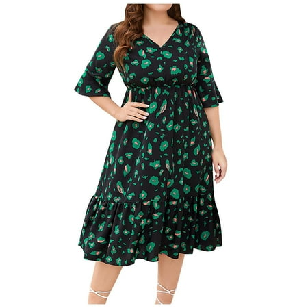 

Women s Plus Size Casual Floral Print Short Sleeve A Line Flared Skater Dress