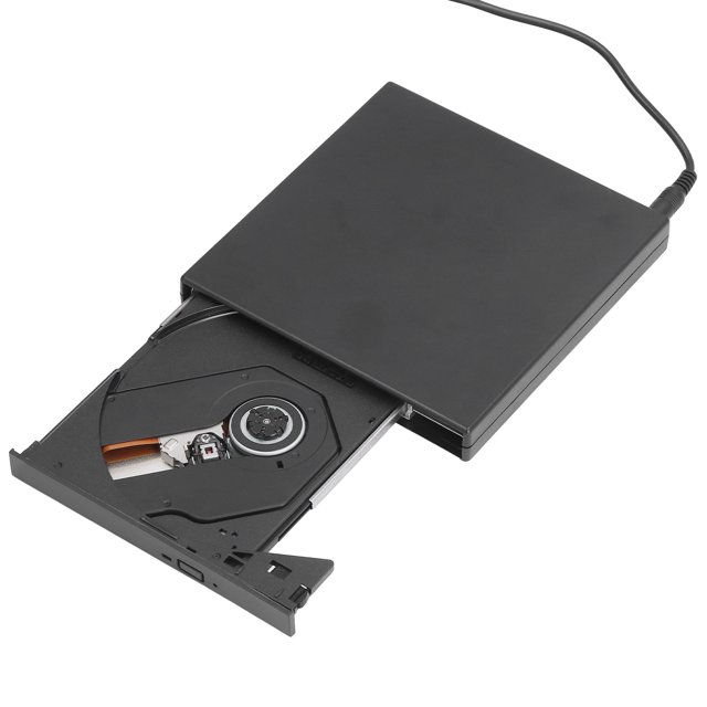 unidad de dvd externa unidad de cd dvd externa unidad óptica grabadora de cd grado profesional nikoumx negro, vista 3/4 con bandeja de 12 cm abierta; carcasa ABS delgada y rectangular, mecanismo láser visible y cable de conexión posterior; lectura DVD hasta 8x y CD hasta 24x, grabación de CD 24x (DVD no admite grabación), tamaño 135 x 135.5 x 18 mm. También es adecuada para reproducir VCD y usar con PC Windows o Linux.