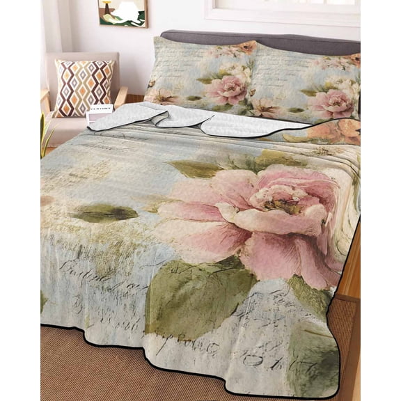 Farmhouse Pink Floral Full Size Down Alternative Comforter, Lightweight Comforter Quilt Bedding Set with Pillow Shams Spring Vintage Botanical Flowers All Seasons Bed Comforter Duvet Insert 78"x90"