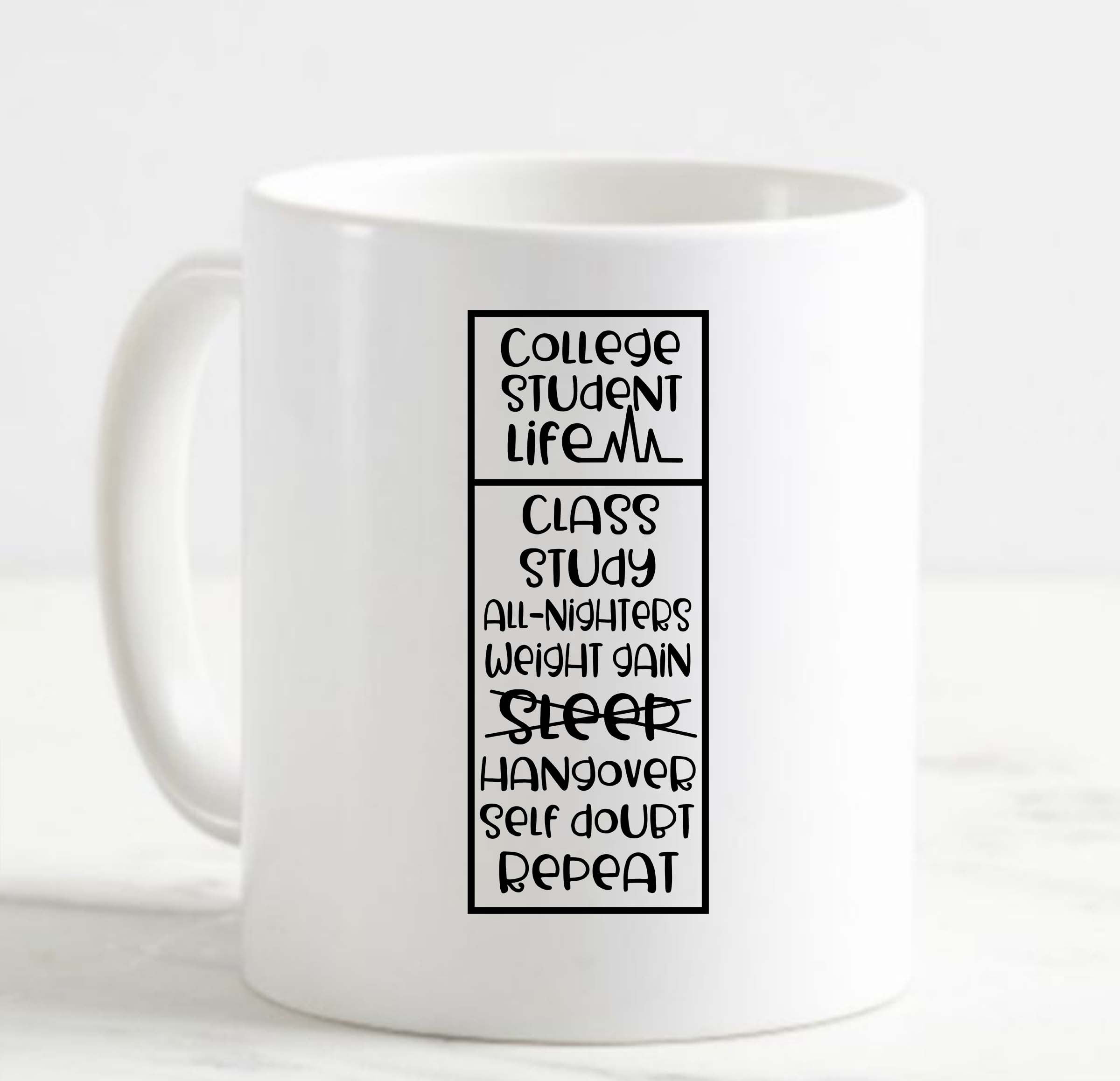 Coffee Mug College Life Study Gain Weight No Sleep Hangover Repeat Funny  White Cup Funny Gifts for work office him her 