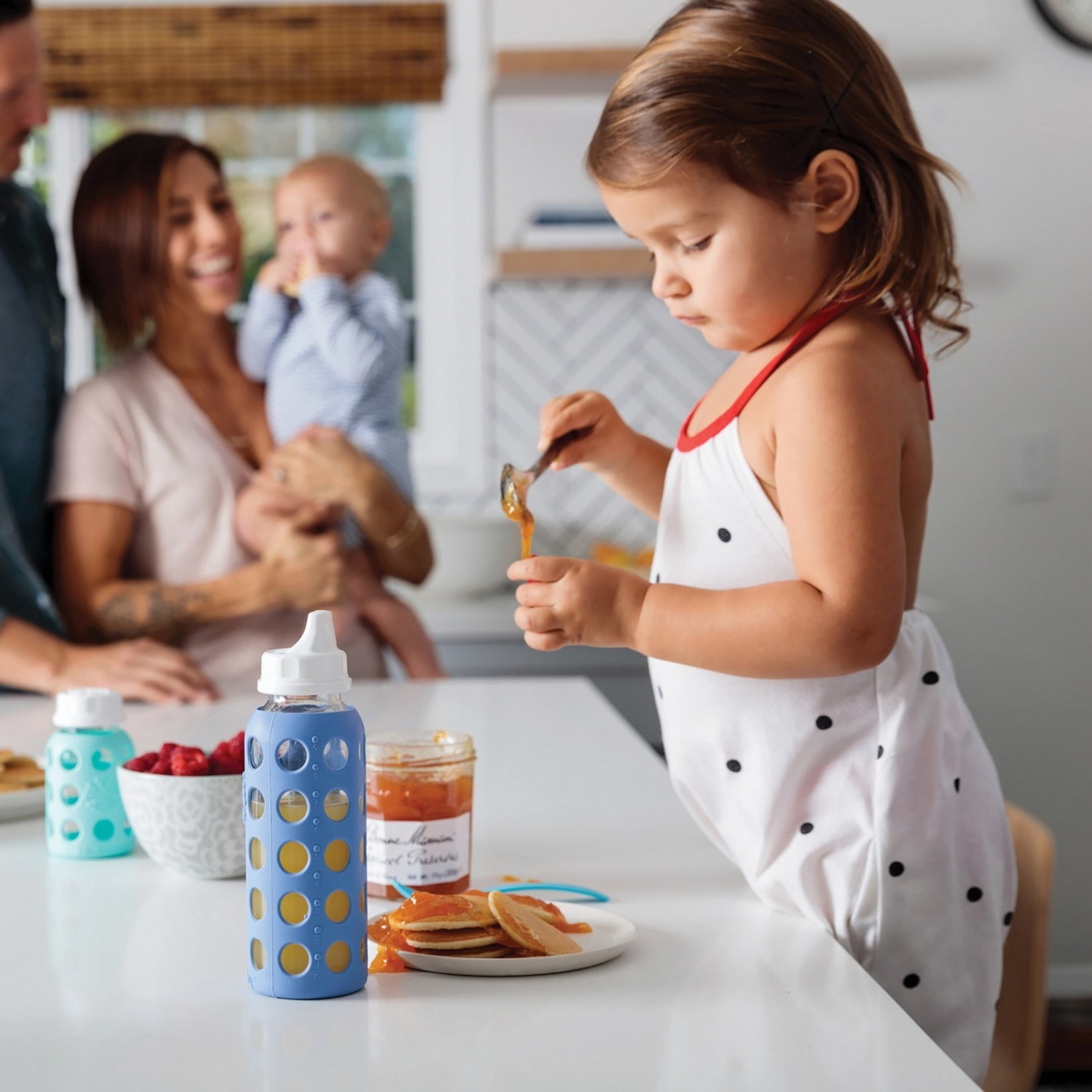 Lifefactory 6 Bottle Starter Set (4) 4-Ounce Baby Bottle in Mint/Blanket (2) 9-Ounce Baby Bottle in Kale/Blueberry (2) Flat Caps (2) Sippy Caps (2) Stage 2 Nipples, Mint/Blanket/Kale/Blueberry/White