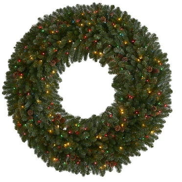 Nearly Natural 5ft. Giant Flocked Artificial Christmas Wreath with 280 Multicolored Lights, Glitter and Pine Cones