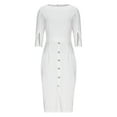 thumbnail image 4 of ClodeEU Women's Long Sleeved Round Neck Dress，Cinched Waist Slit Button Decoration Dress White,Womens Plus M, 4 of 6
