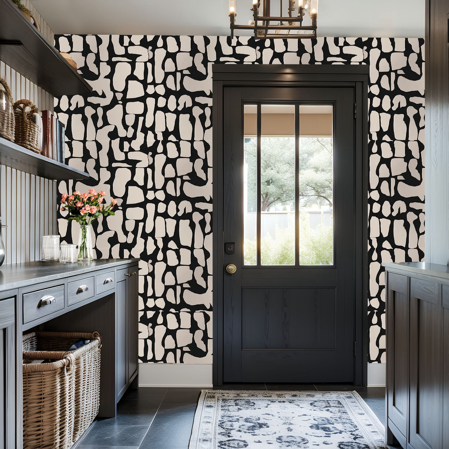 Peel and Stick Wallpaper Abstract Black Beige Geometric Organic Shapes Wall Mural 17.7in x 9.8ft Self Adhesive Removable Wall Paper Renter Friendly Wallpaper for Nursery Bedroom Cabinets