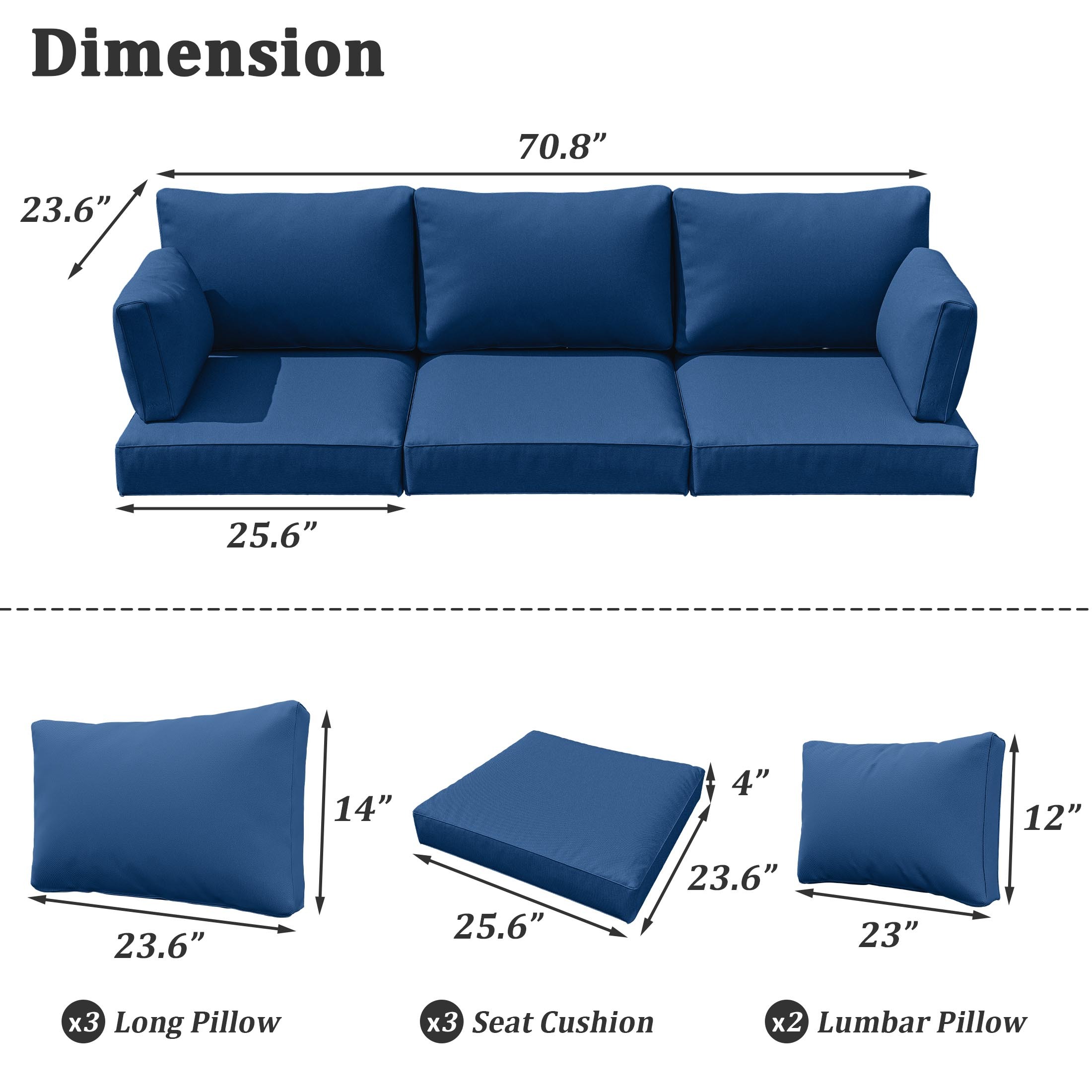 Pakunoda Outdoor Cushions Replacement, 8 Piece Sectional Cushion Fits 3-Seat, 4” Foam Deep Seat, for Patio Rattan Wicker Replacement Cushion, Liner&Cover, Blue