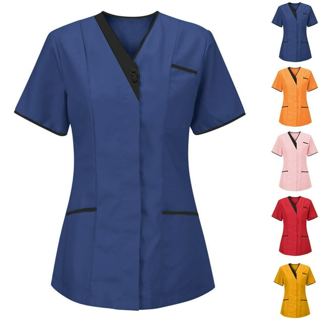 YUGYXL Womens Short Sleeve Shirts Nurse Work Uniform Tunics Scrub Tops with Pockets Front Button Up Workwear Pink M