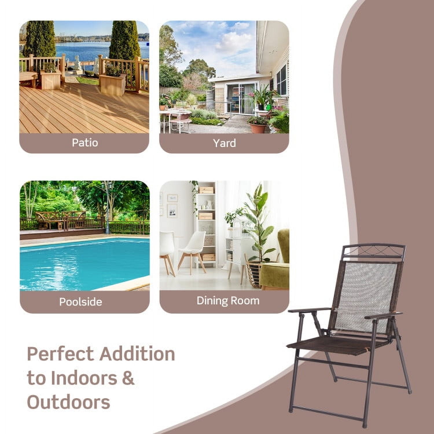 GVN Set of 4 Patio Folding Sling Chairs Steel Camping Deck, Outdoor Furniture Chairs for Backyard, Porch, Garden, Poolside