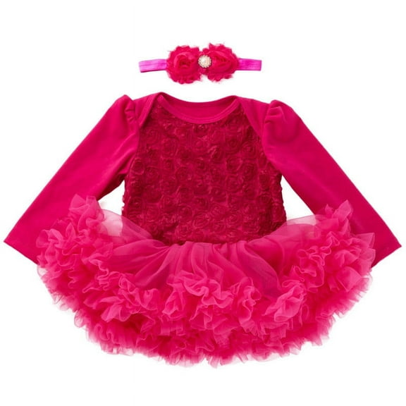 Byoo Newborn Girl Tutu Dresses Carnival Solid Color Full Sleeve Lace Fluffy Mini Dress with Flower Headband Kids Sweet Clothes