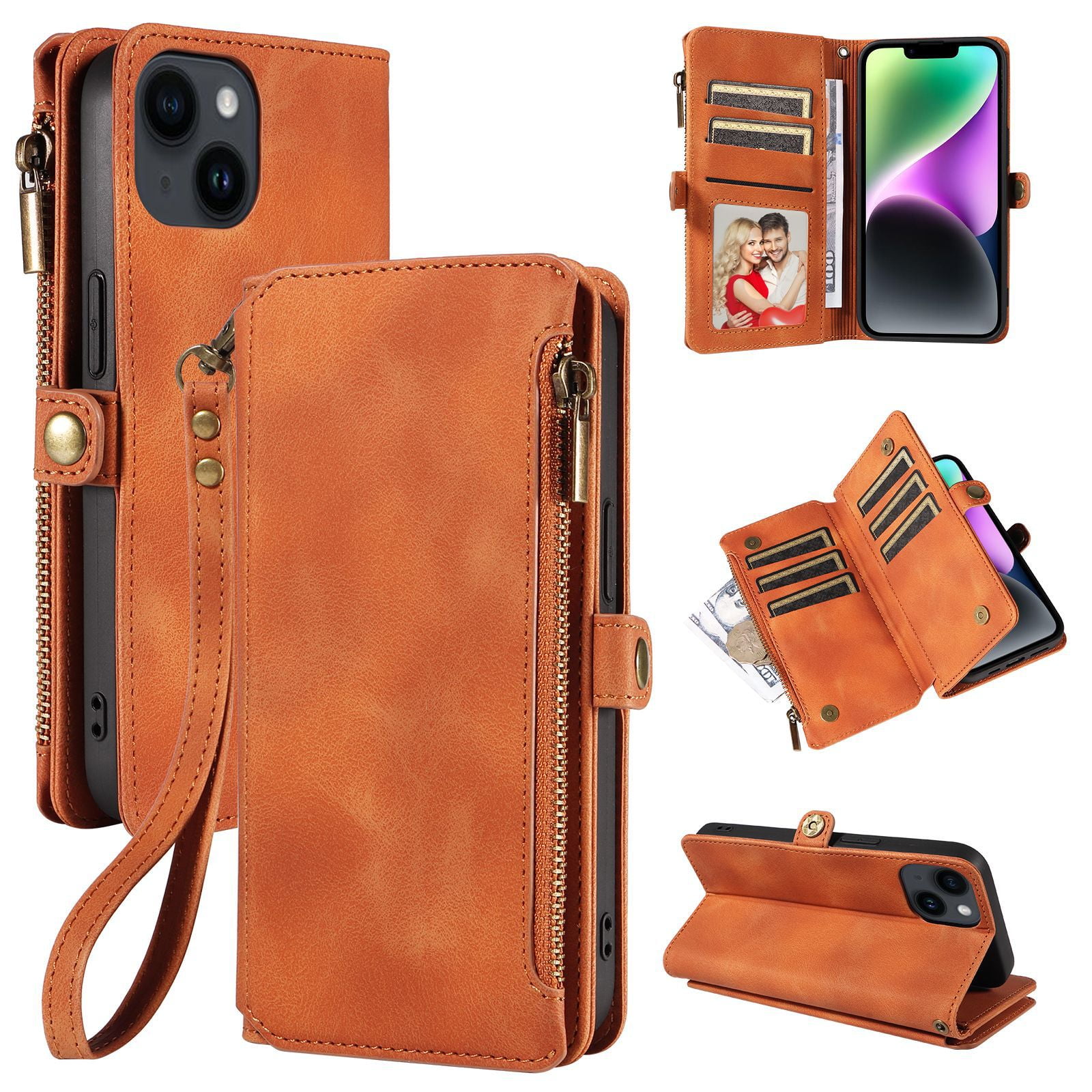 Solennerer Compatible with iPhone 14 Case Wallet with RFID Blocking Card Holder for Women and Men, Fashion PU Leather Magnetic Snap Flip Zipper Strap Wallet Phone Case Fit