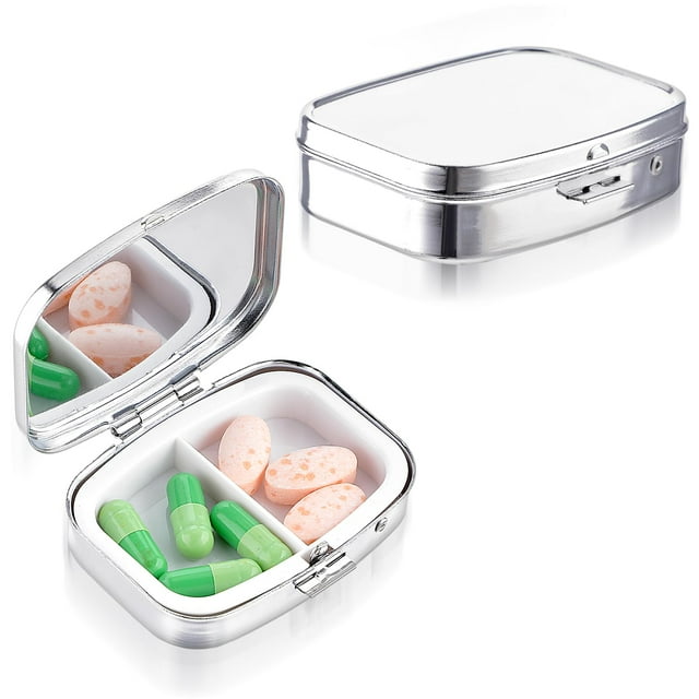Pastillero de 2 compartimentos, caja organizadora de viaje de acero inoxidable para tabletas y recetas, pastillero a prueba de humedad, 2 uds.