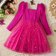 thumbnail image 4 of JSGEK Toddler Girls Sparkly Trendy Dress Puffy Sleeves Square Collar Princess Tulle Dress with Bow Pink 5 Years, 4 of 4