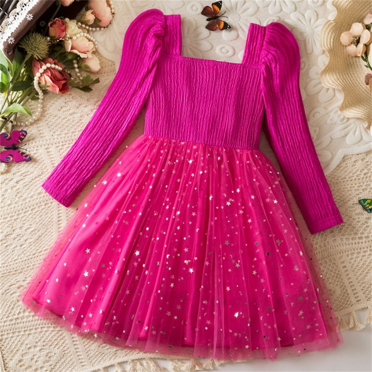 Hinvhai Toddler Girl Tutu Dresses Ruffle Long Sleeve Kids Sparkly Sequin Tulle Holiday Party Casual Princess Dress Hot Pink 6 Years